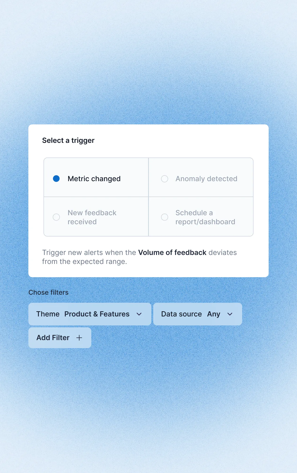 UI for selecting trigger: Metric changed selected, options for anomaly, new feedback, or report. Filters below.