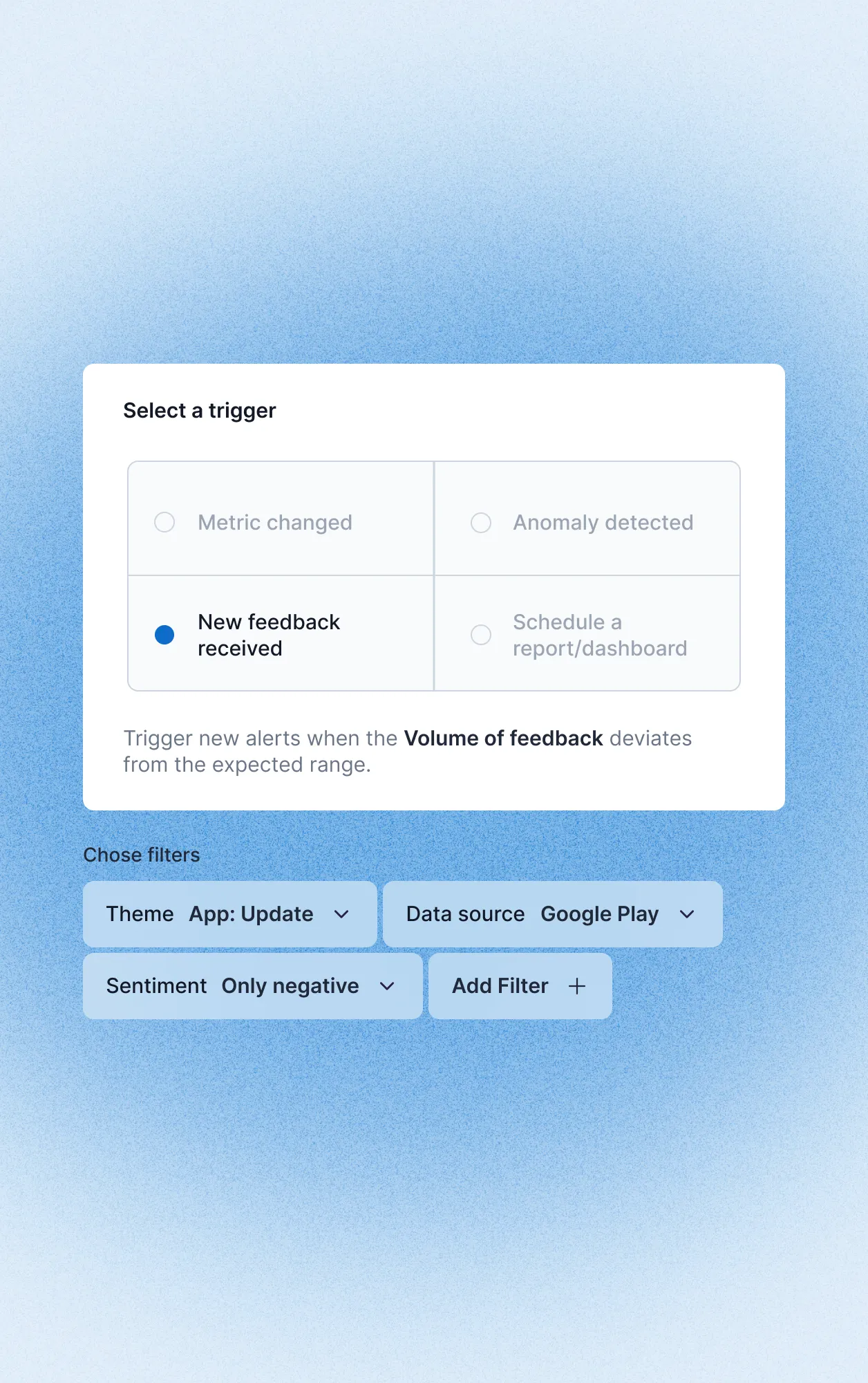 Alert setup interface showing trigger options and filters for theme, data source, and sentiment selection.