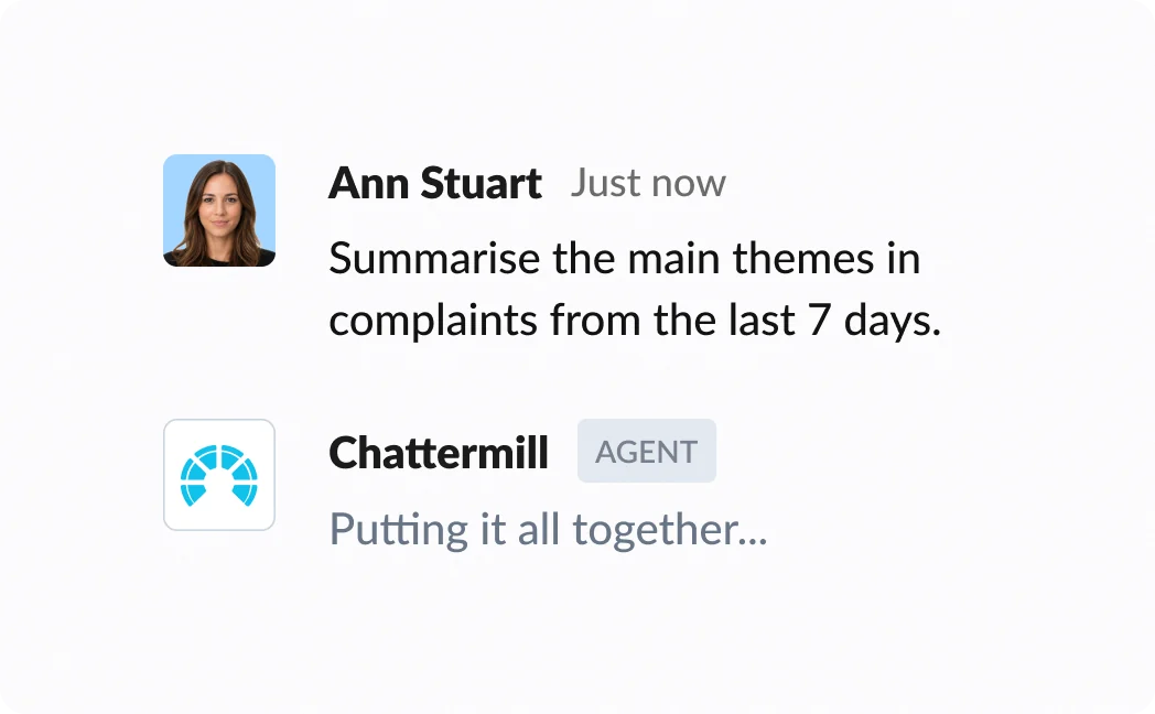 Message asking Chattermill to summarise the main themes in complaints from the last 7 days