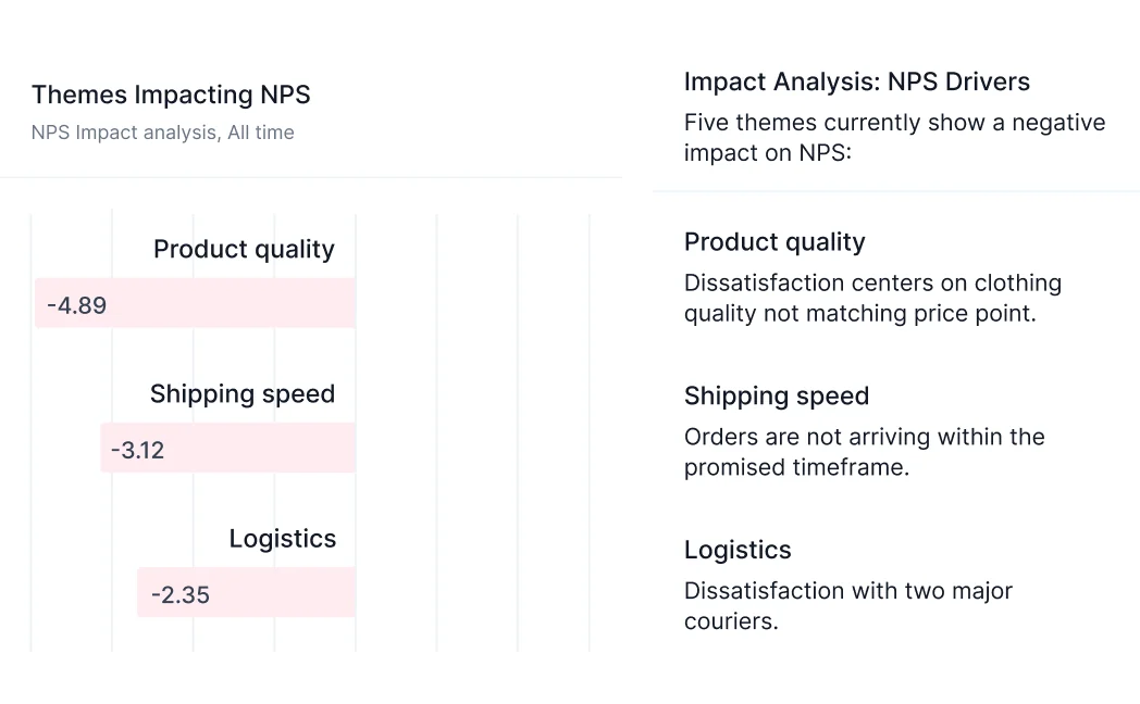 Impact analysis of the themes that lower NPS, with a short explanation for each theme