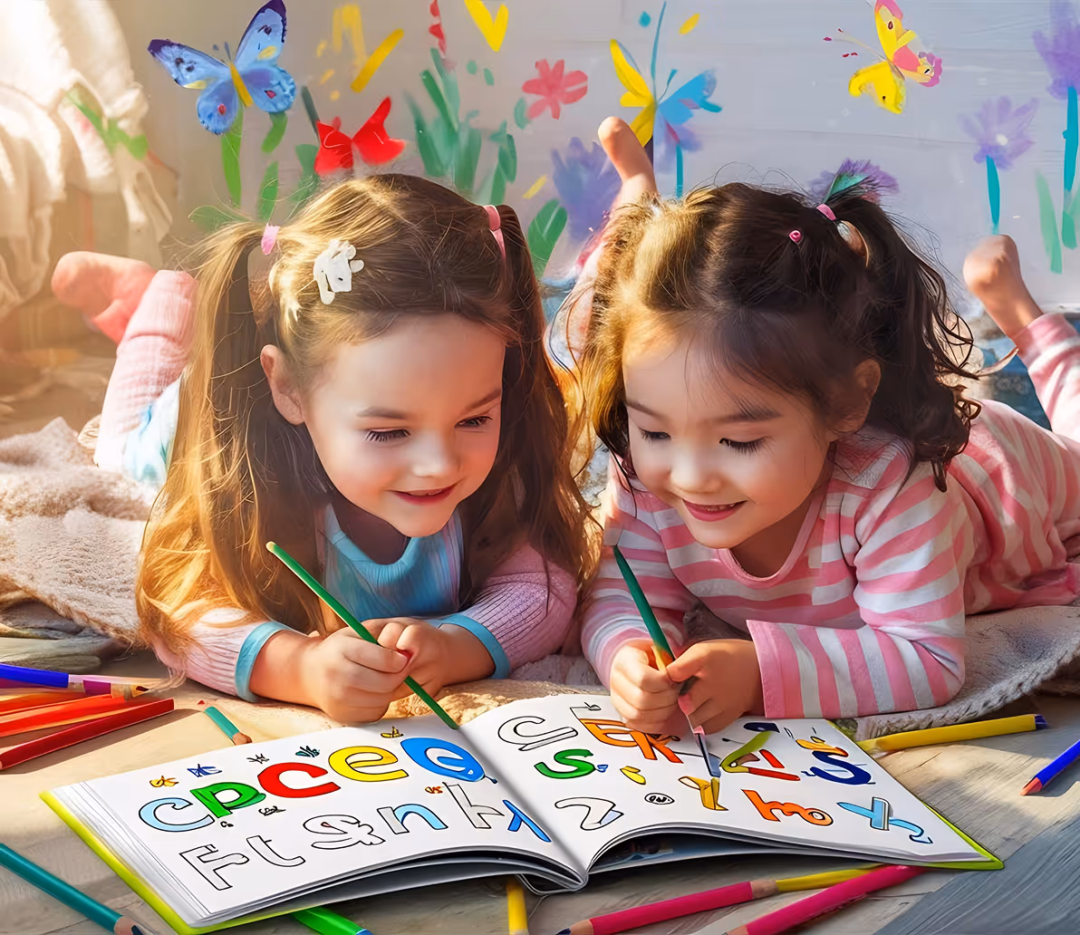 Two young girls lying on the floor and coloring letters in a book with colored pencils, surrounded by various art supplies and butterfly wall decorations.