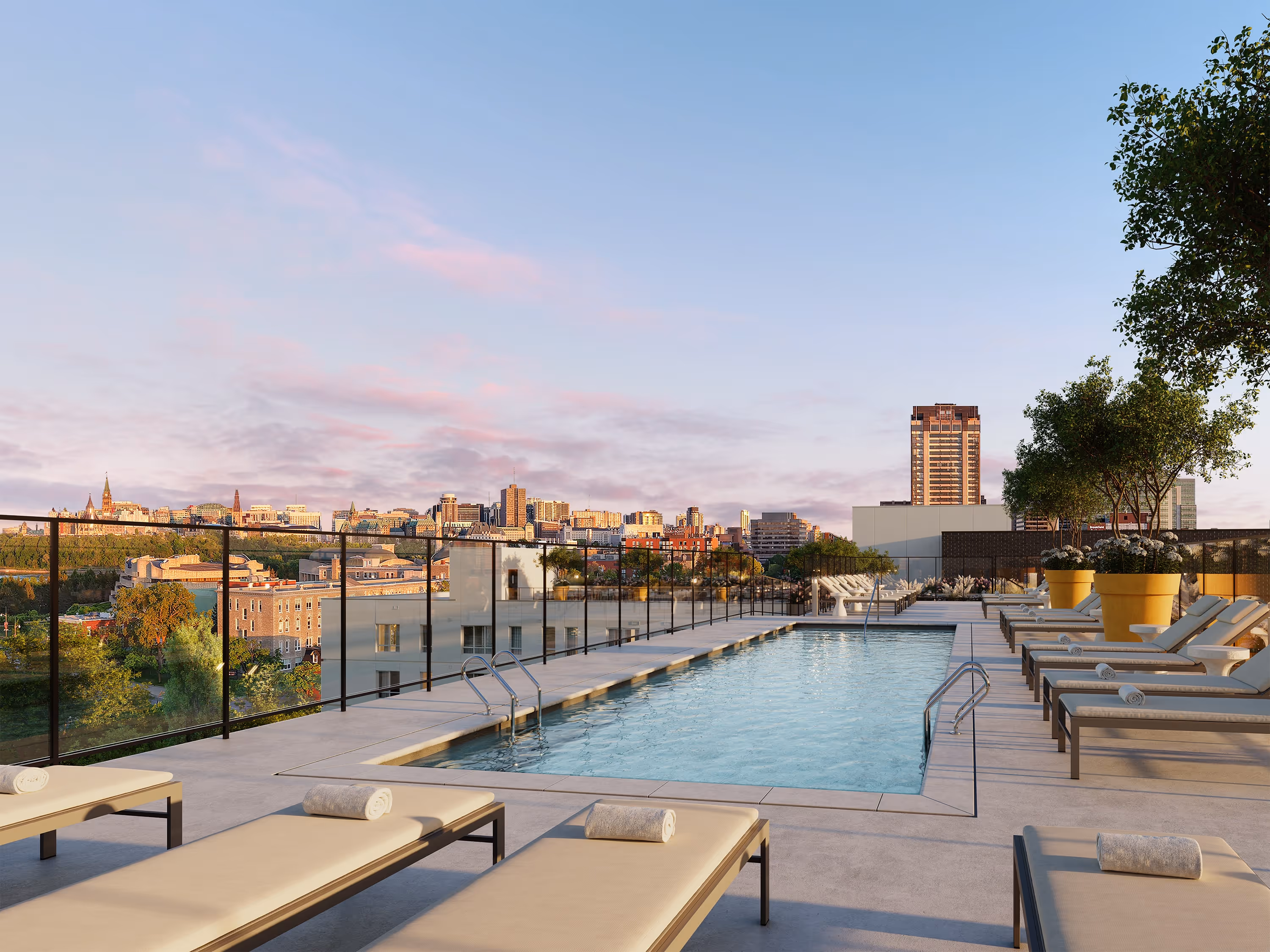 Rooftop pool with panoramic views of Gatineau in a high end rental apartment complex.