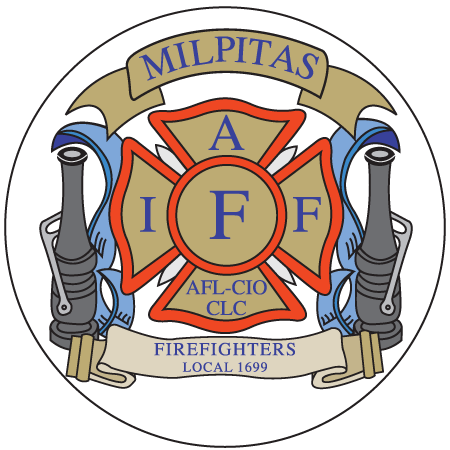 Milpitas firefighter emblem with crossed axes and text AFL-CIO CLC, Local 1699.