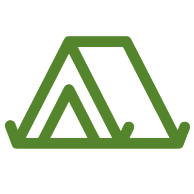 Green tent icon with triangular shapes representing a camping tent.