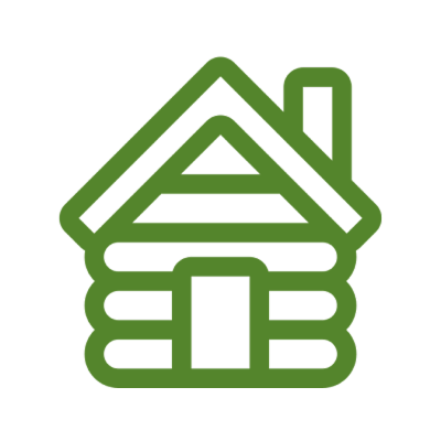 Green line icon of a cabin with a chimney representing glamping.