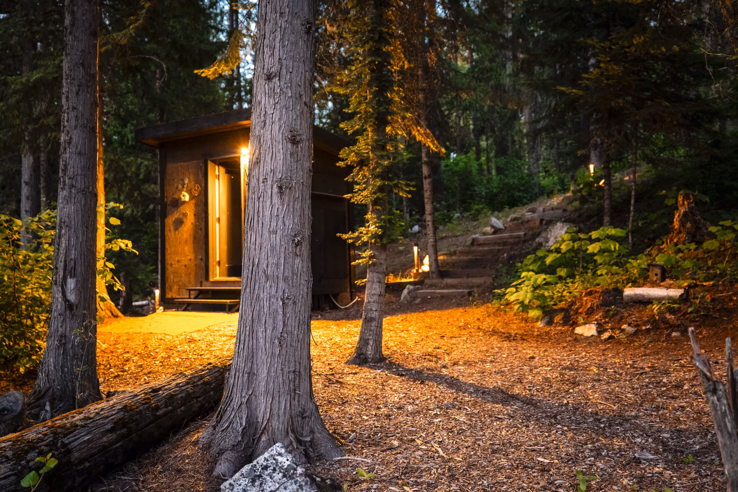 Small wooden cabin lit from inside in a forest at dusk with trees and a dirt path around it.