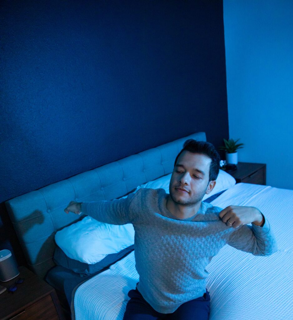 Guy sleeping restfully after taking Zylaria. 
