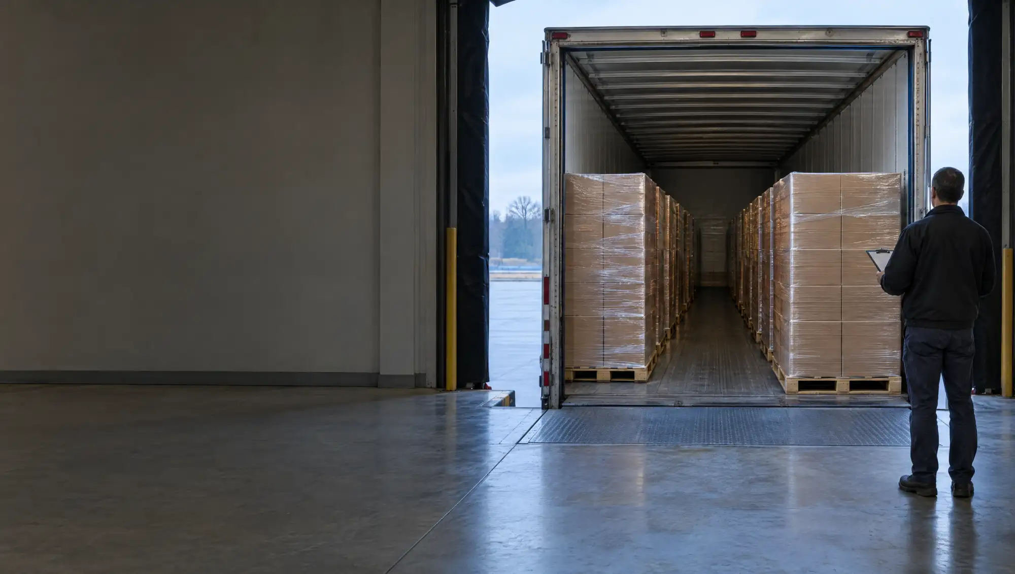Worker with a clipboard beside a trailer loaded nose to tail with shrink-wrapped pallets of cartons at an open dock door