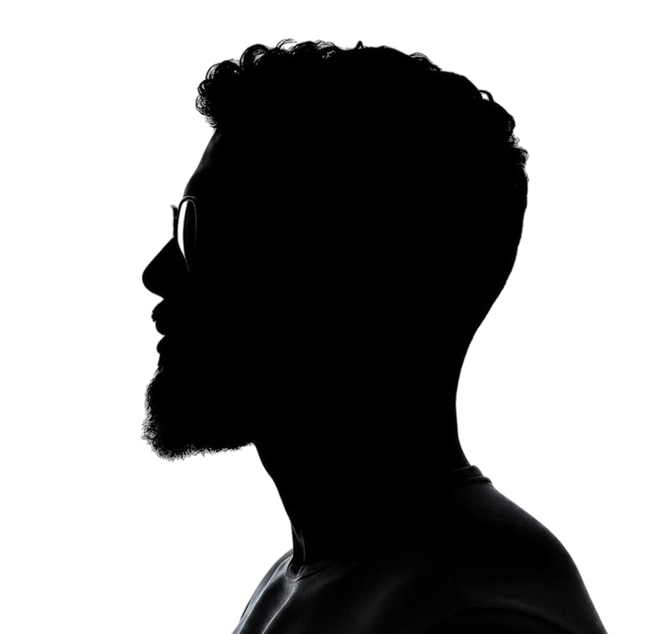 Silhouette of a man with glasses and a beard facing left on a black background.
