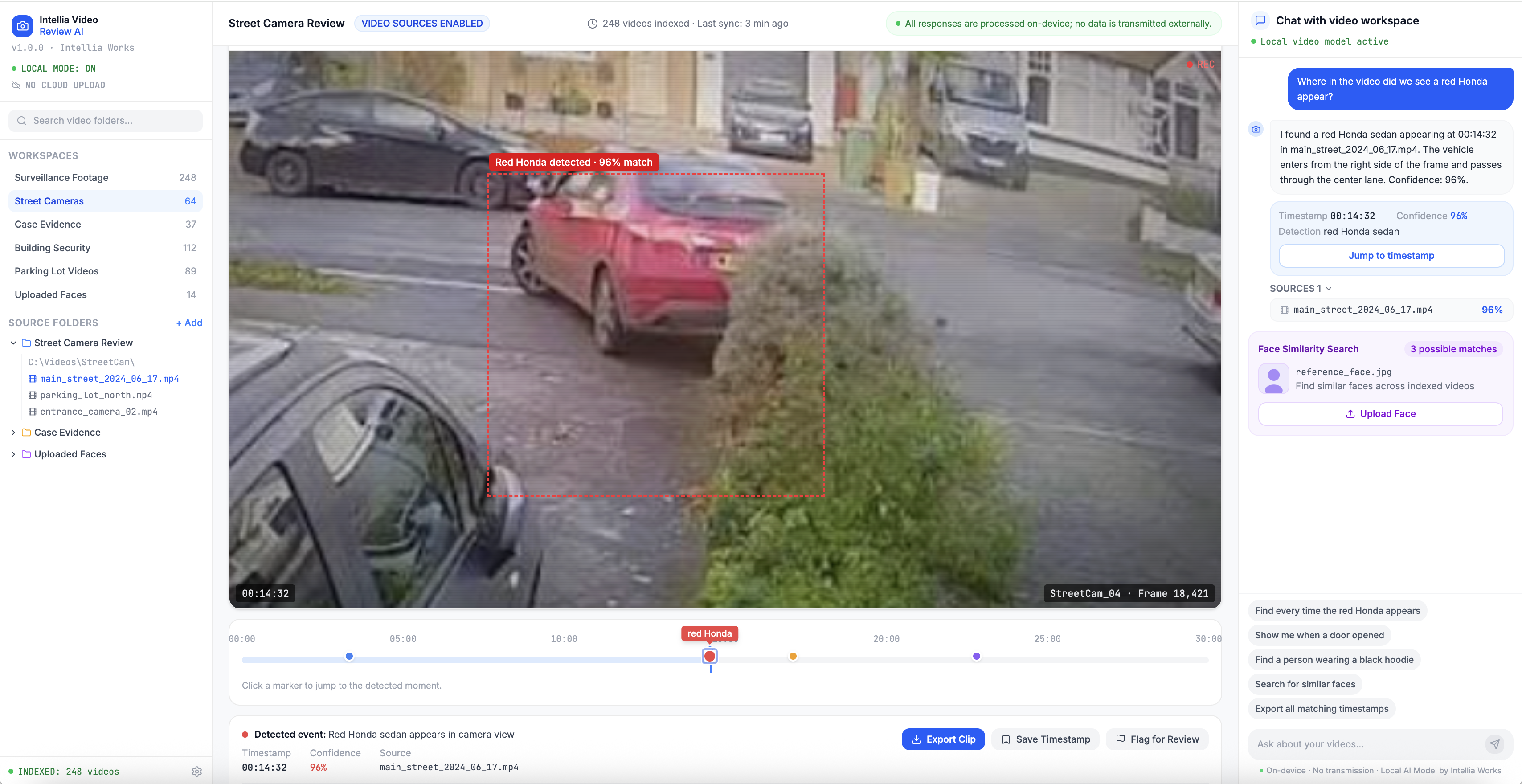 Security software screen showing detection of a red Honda sedan on street camera footage with 96% match.