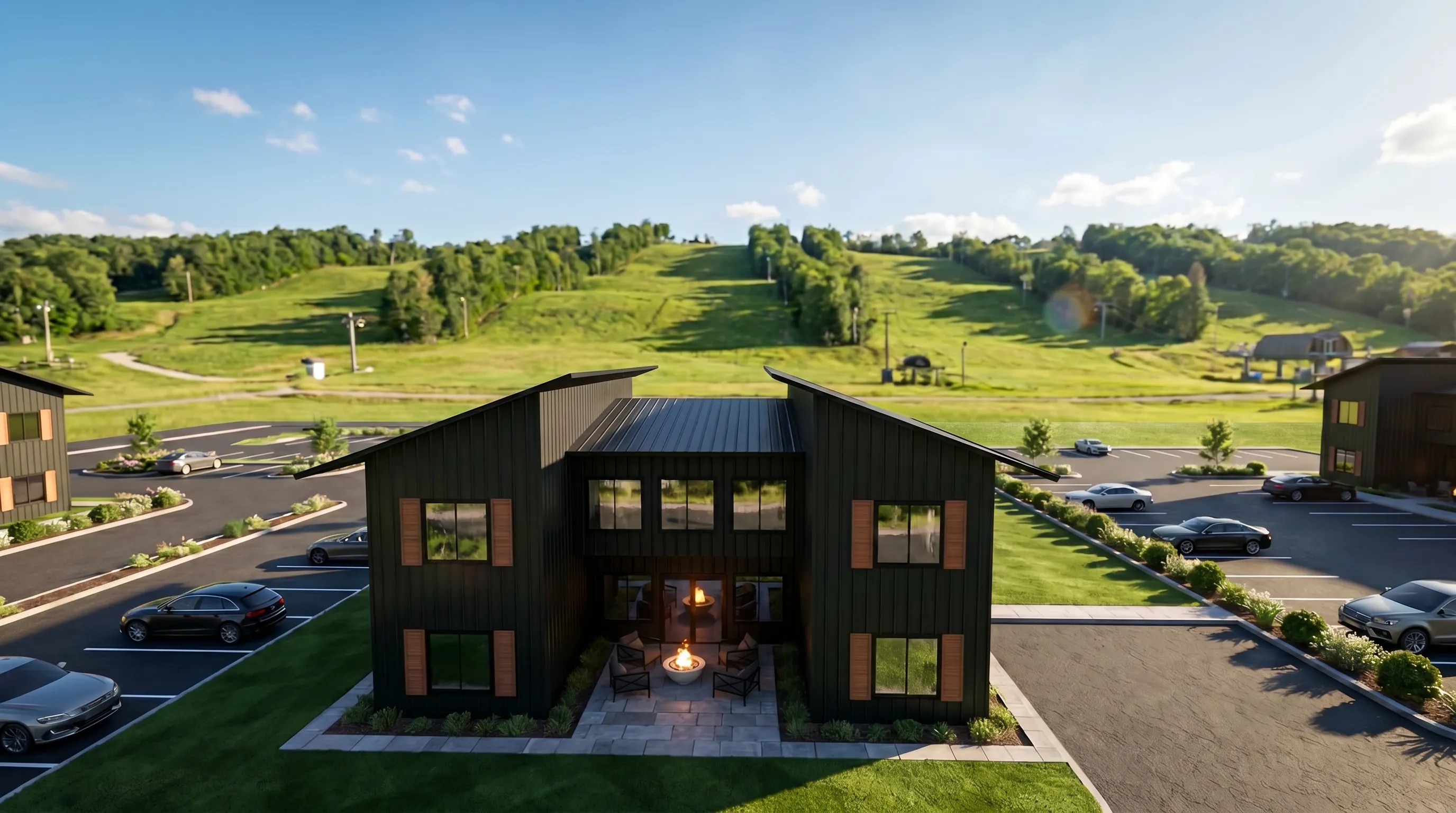 Modular resort building sited in its destination landscape