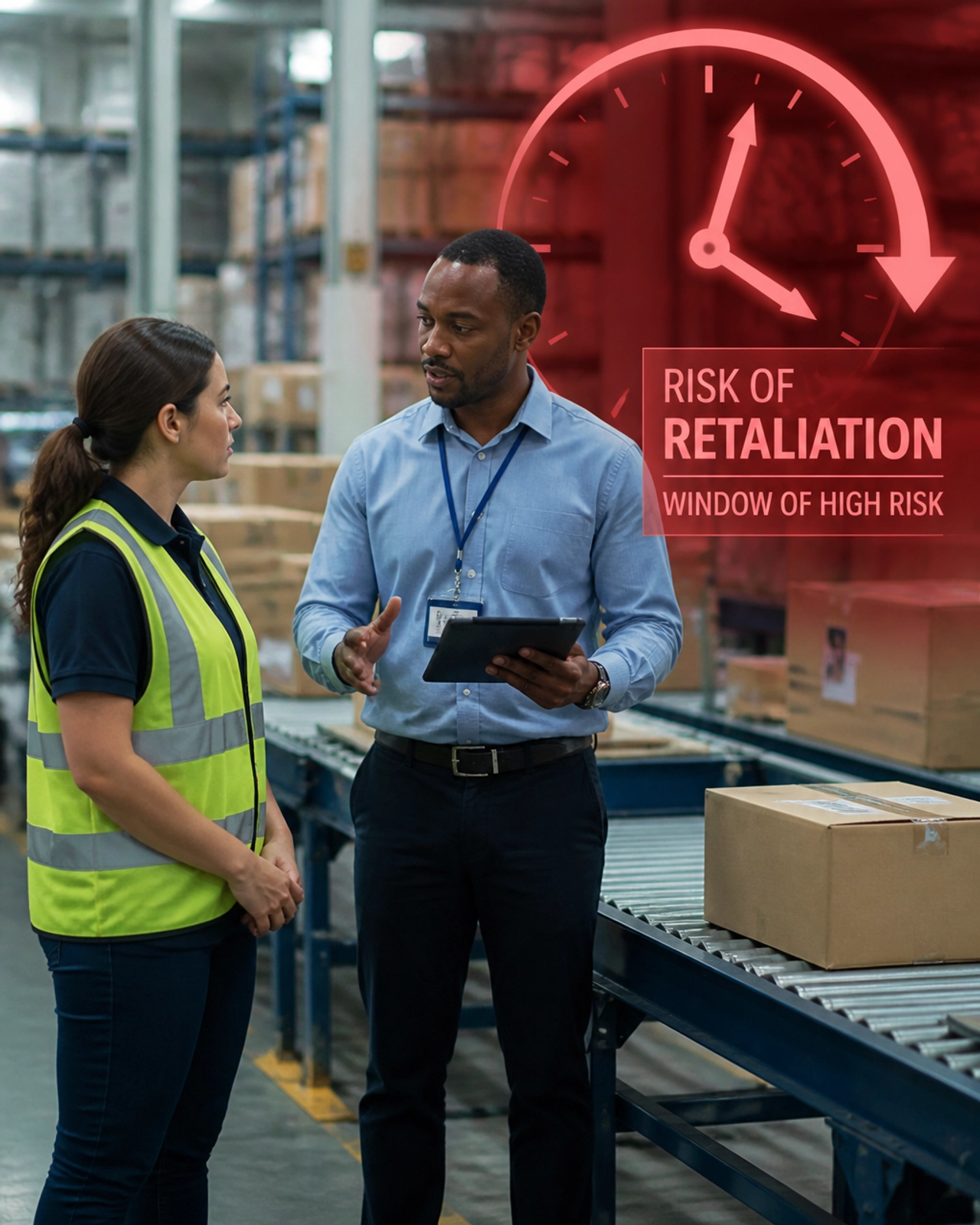 Conceptual image of the risk window for retaliation claims in a warehouse setting.