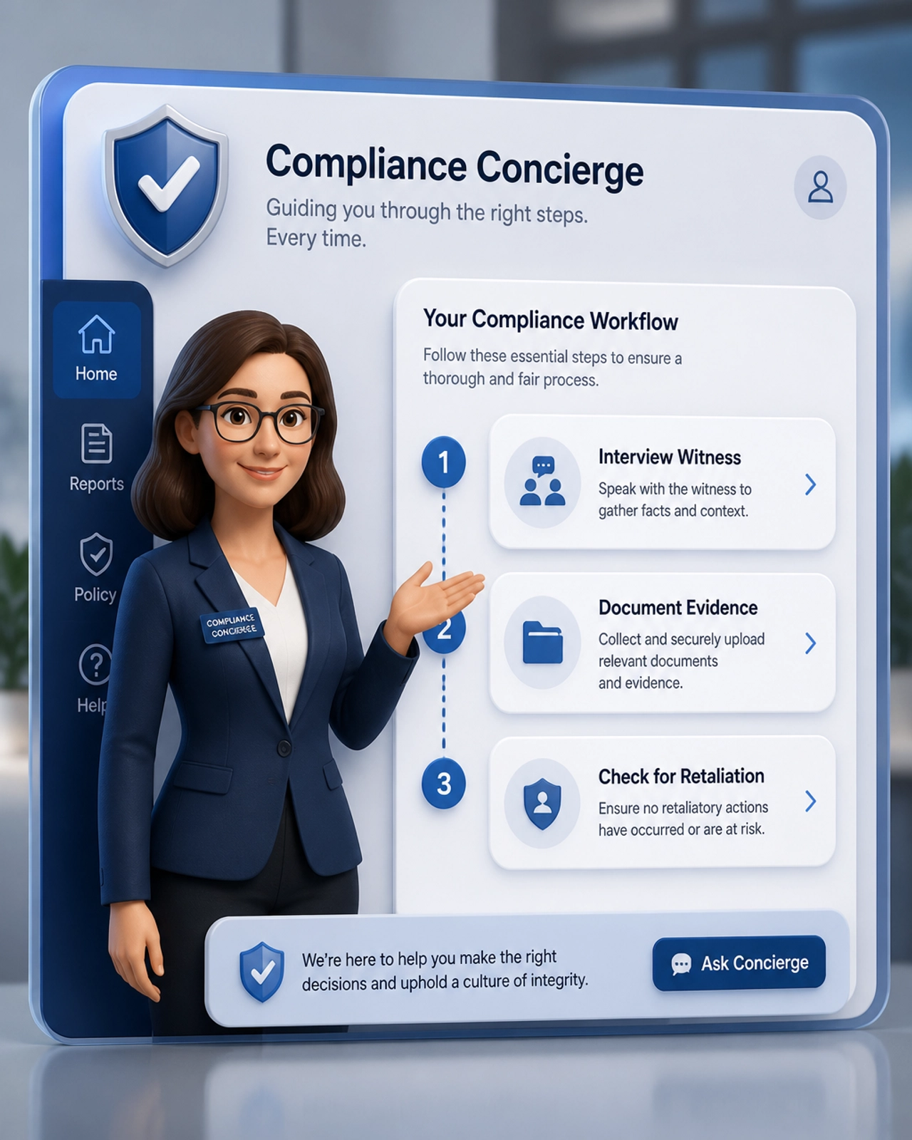 A conceptual illustration of a compliance concierge interface guiding a user through investigation steps.