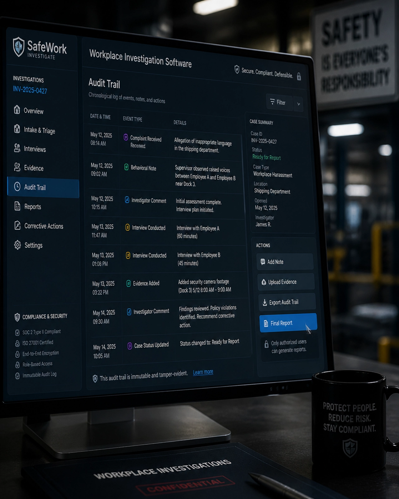 A secure digital audit trail interface for workplace investigation software.