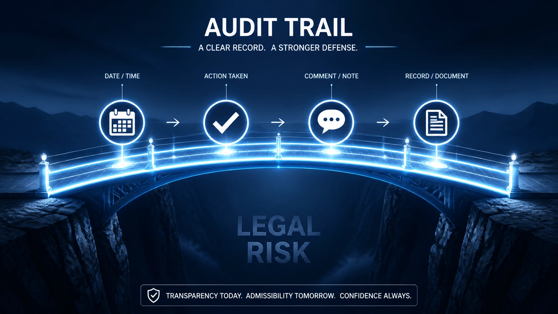 A digital 'Audit Trail' represented by chronological markers connected by a sturdy bridge over legal risk
