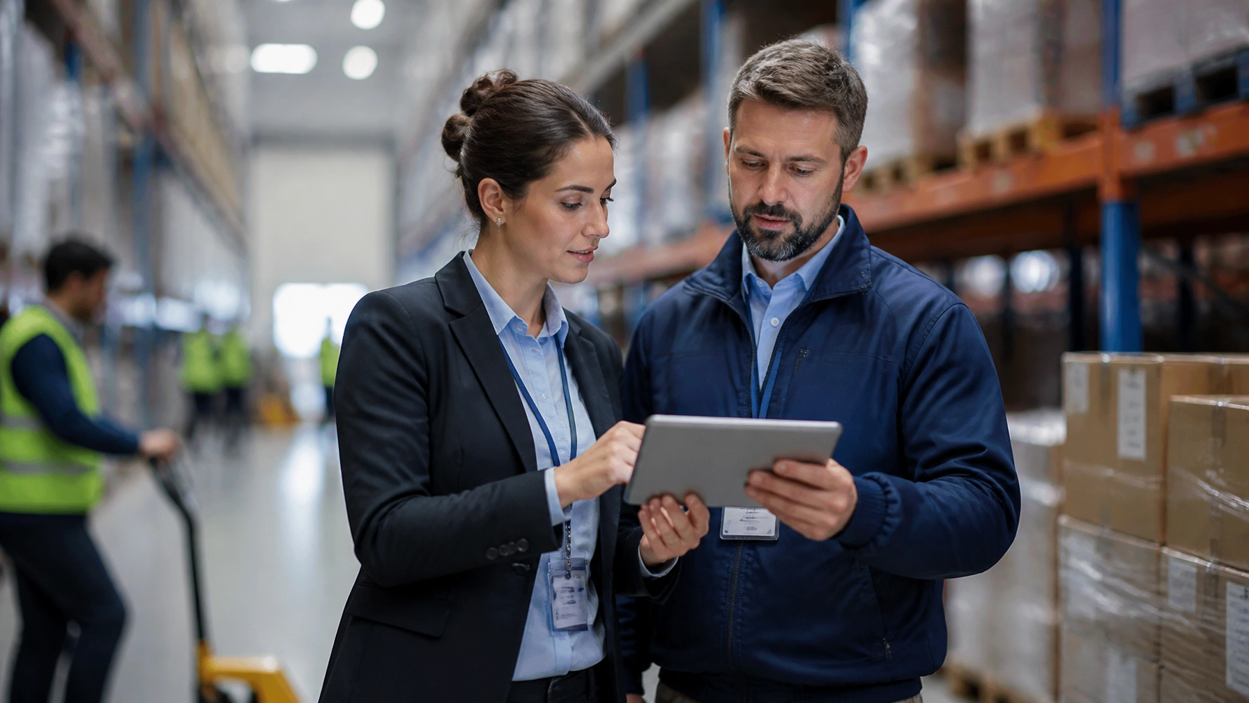 An HR professional and a warehouse supervisor collaborating on a tablet in a logistics setting