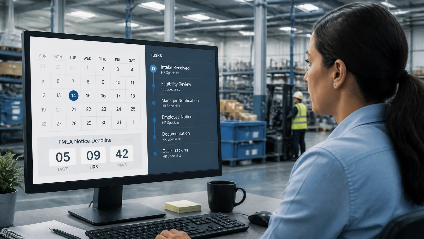 Professional AI-generated image showing FMLA notice timing with a digital calendar countdown, HR task routing, and a manufacturing and logistics backdrop for a compliance audience.