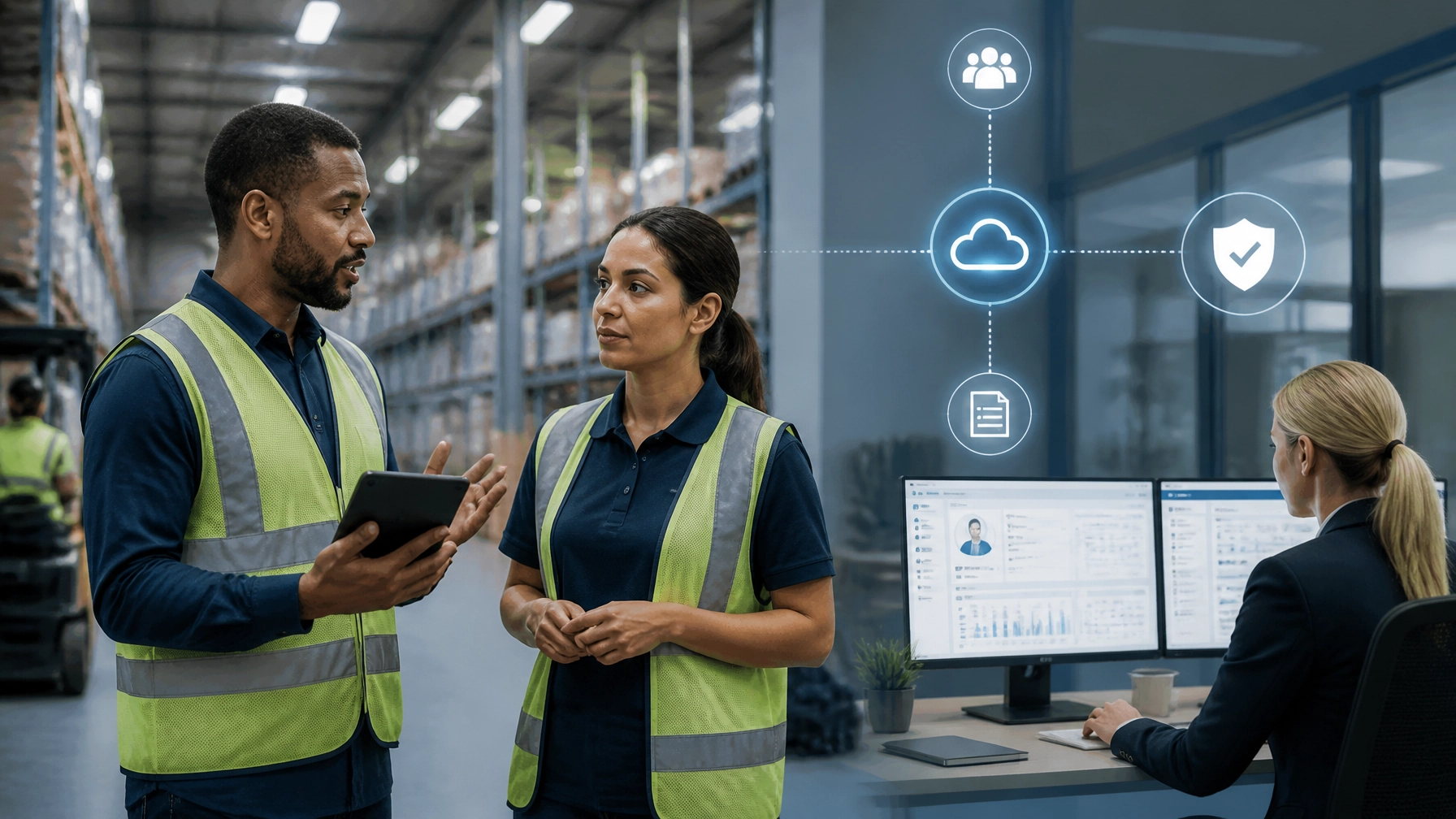 Professional AI-generated image of a warehouse supervisor speaking with an employee while a connected HR compliance workflow routes the event from the floor to the office in real time.