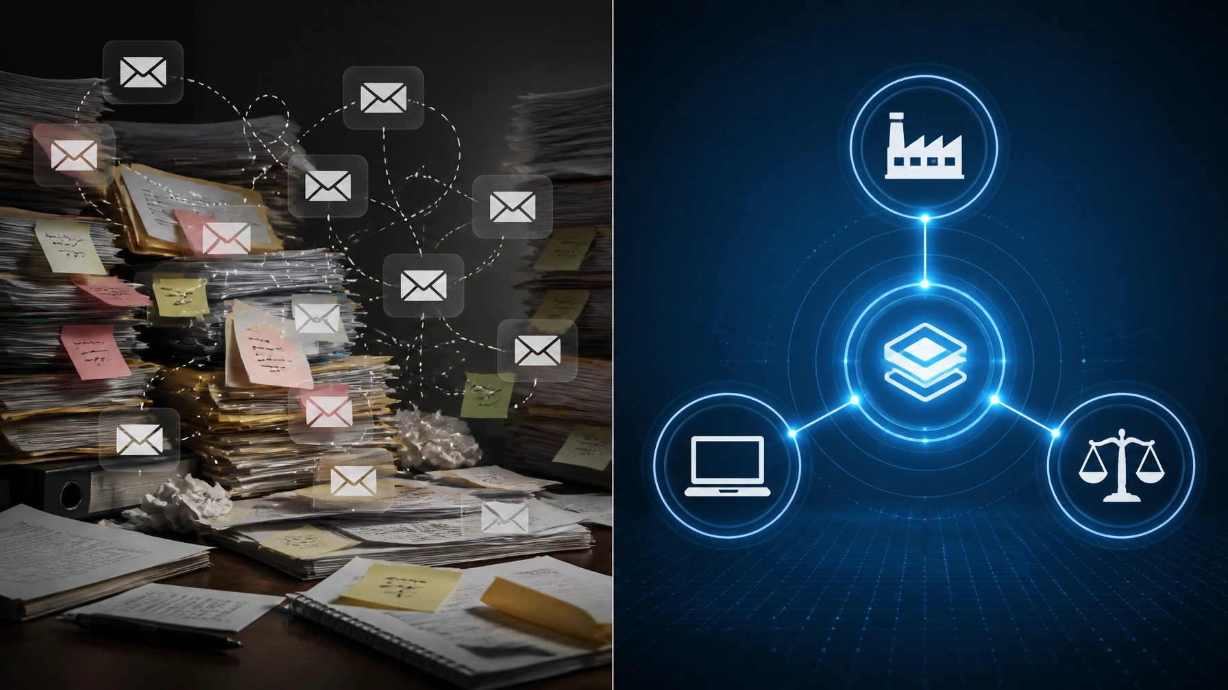 A split screen showing a chaotic pile of papers vs. an interconnected digital operating system