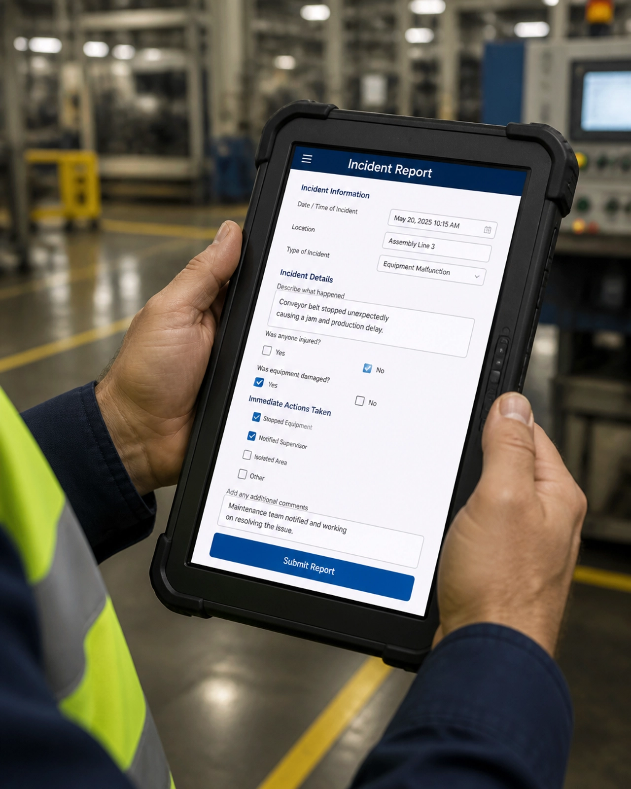 A supervisor using a tablet to submit an incident report directly from the factory floor