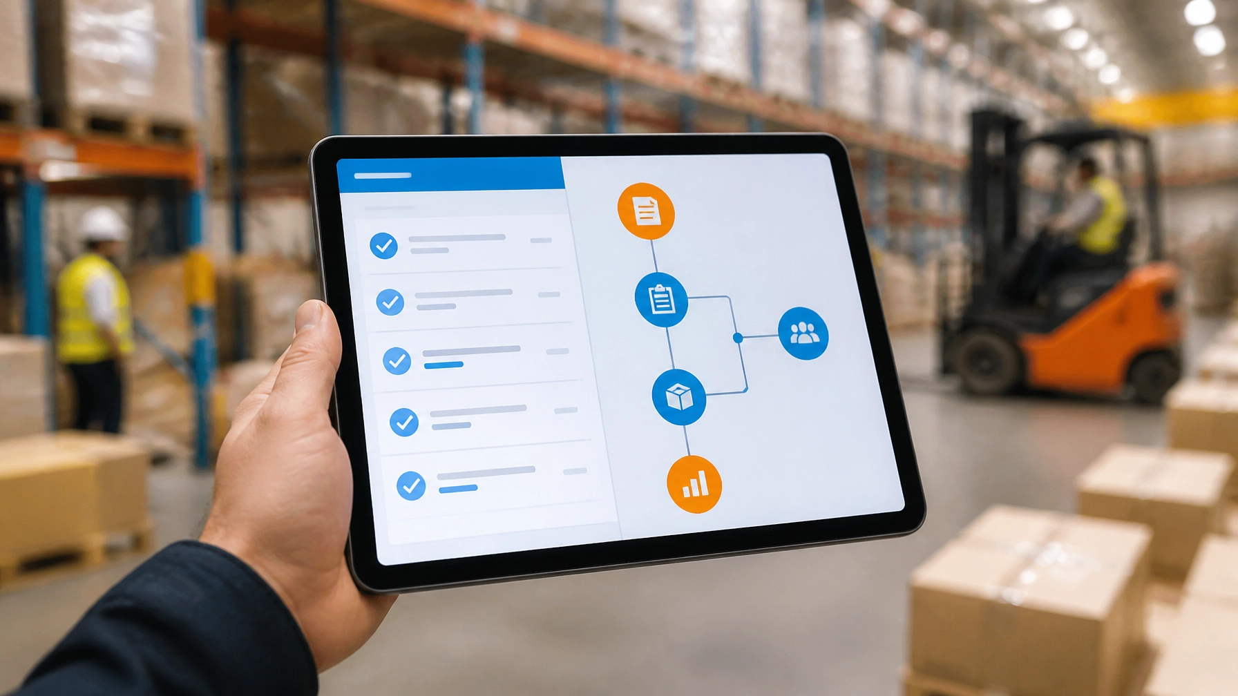 A hand-held tablet showing a checklist being completed in a warehouse. In the background, the warehouse is organized and efficient. The screen shows a 'Task Complete' notification with a green checkmark.