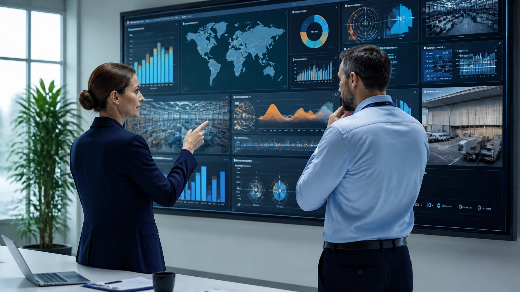 A professional HR manager and a Safety manager looking at a large wall-mounted screen displaying integrated data charts and maps of multiple facility locations. They are collaborating in a clean, modern office.