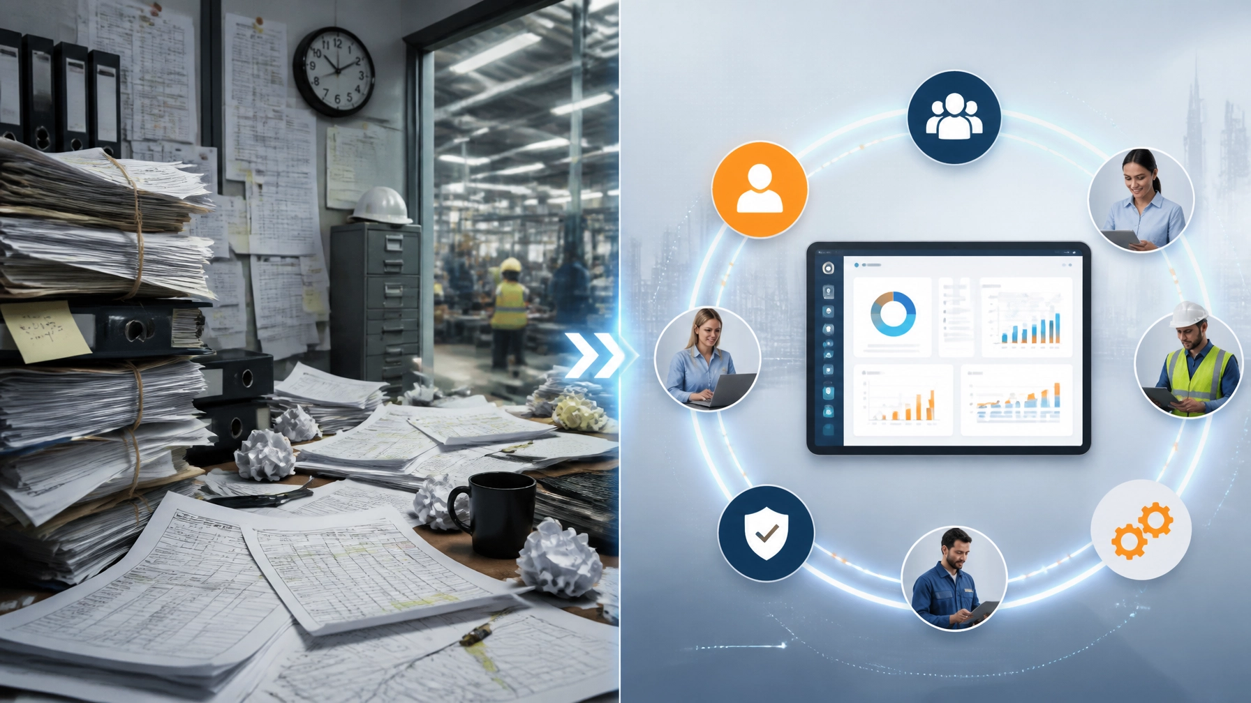 A split-screen illustration. On the left, a cluttered desk with overflowing paper files and a confusing spreadsheet. On the right, a clean, circular glowing loop representing connected data and resolved tasks.
