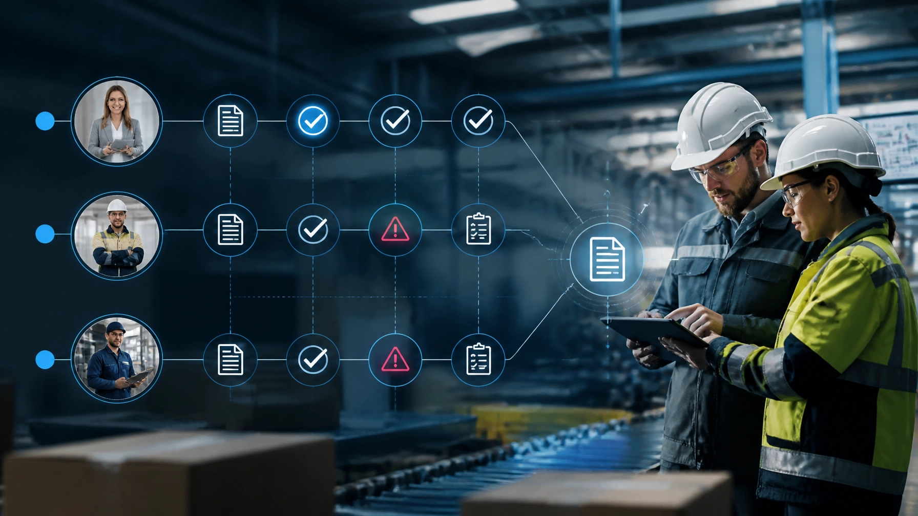 Professional tech-focused visualization of compliance workflow risk in manufacturing and logistics, showing connected timelines, documentation, and review steps across HR, safety, and operations.