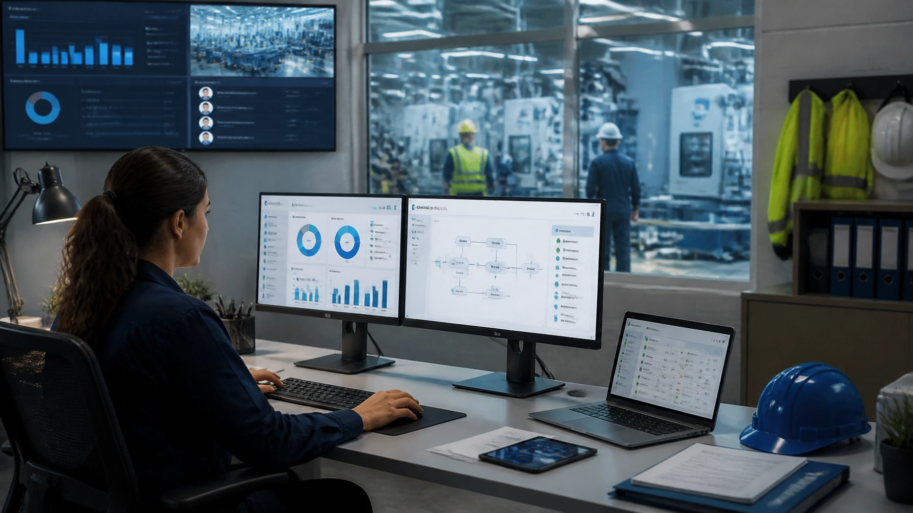 Professional tech-focused image of an HR and safety coordination desk in a manufacturing environment, showing connected workflow screens, audit trails, and operational compliance steps across teams.
