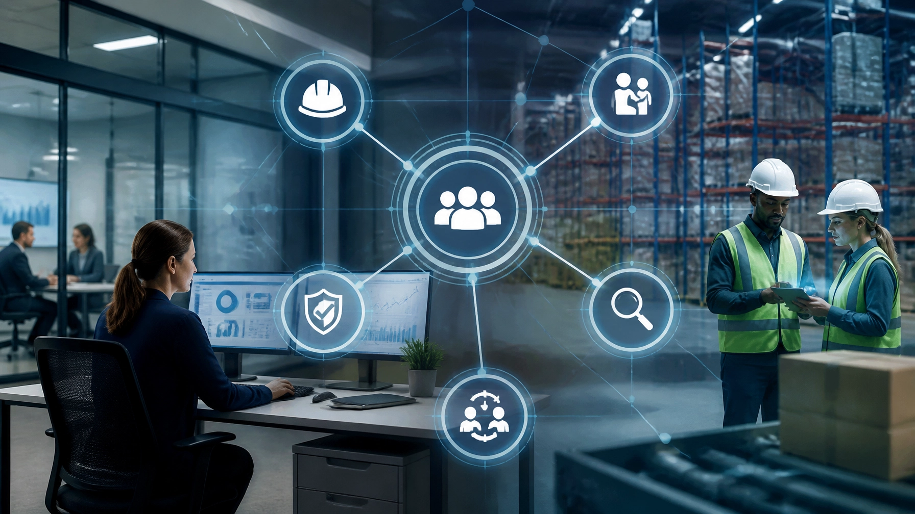 Professional tech-focused image of integrated operational compliance workflows in a manufacturing and logistics setting, with abstract connected nodes representing OSHA, FMLA, PWFA, investigations, and return-to-work handoffs.