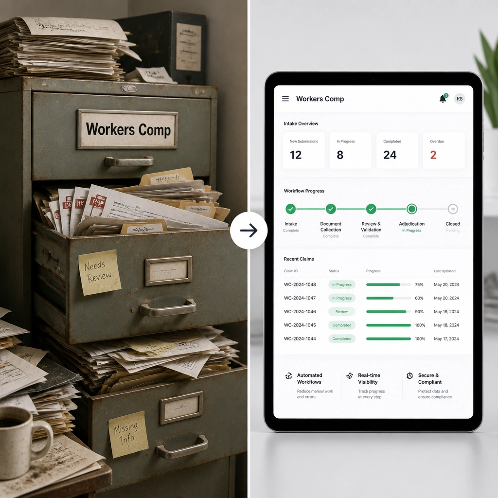 Split-screen showing a cluttered physical filing cabinet versus a sleek digital dashboard for automated workflows