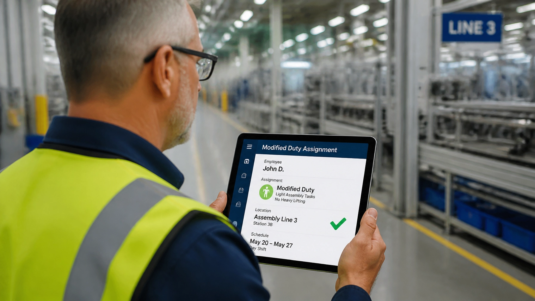 Manufacturing supervisor checking a tablet that shows a modified duty assignment for a worker