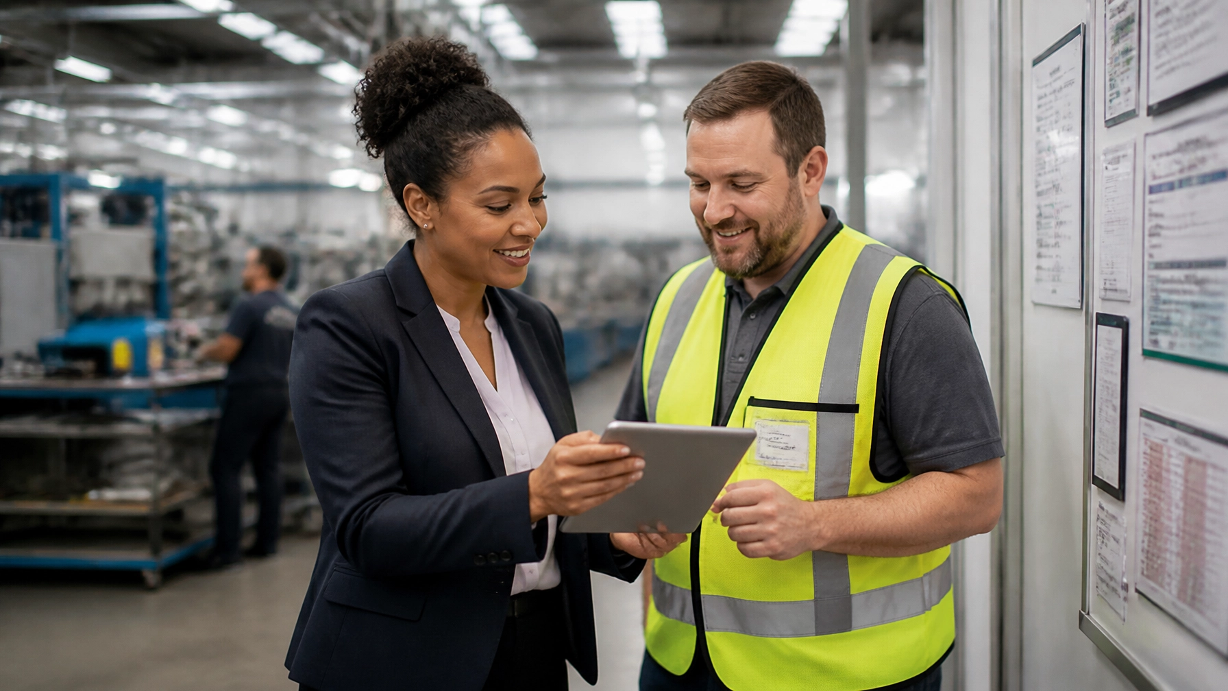 HR manager and manufacturing worker in a supportive conversation looking at a tablet together