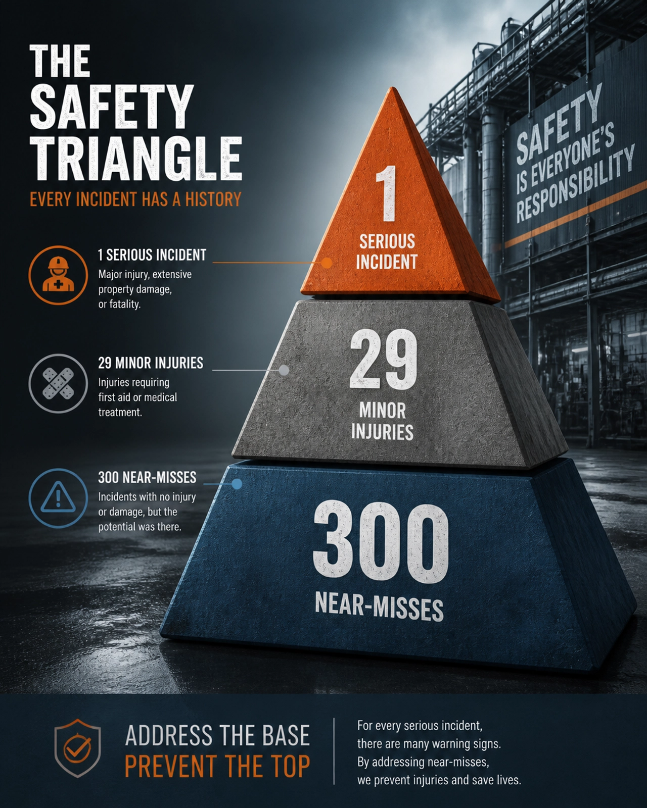 An editorial illustration of the Safety Triangle showing the ratio of near-misses to serious injuries.