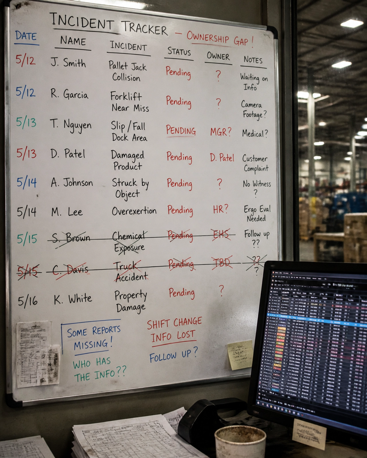 A chaotic whiteboard and spreadsheet in a warehouse office representing fragmented incident tracking.
