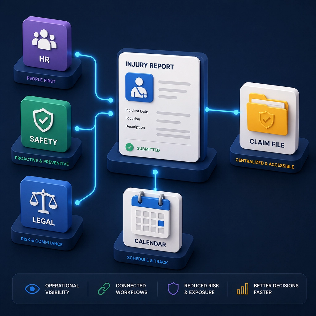 A modern digital dashboard connecting HR, Safety, and Legal departments through automated data flows and coordinated workflows.