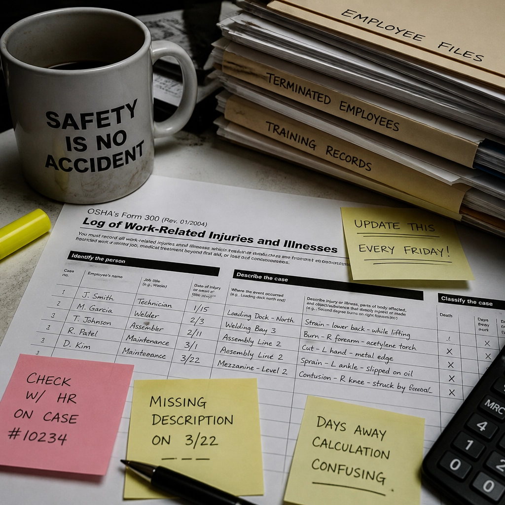 A cluttered desk with a manual OSHA 300 log and sticky notes, representing the 'spreadsheet trap' of traditional HR and Safety management.