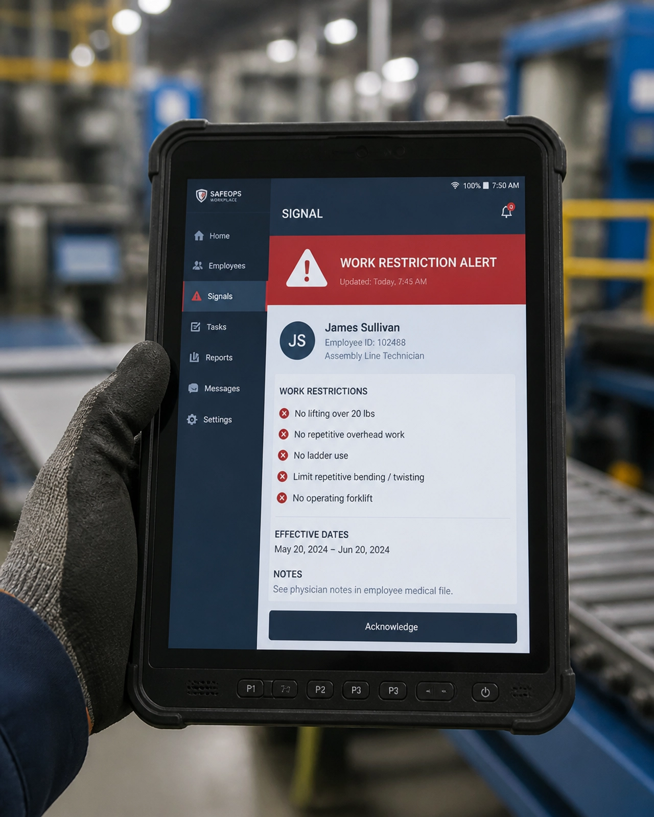 Close-up of a digital alert on an industrial tablet