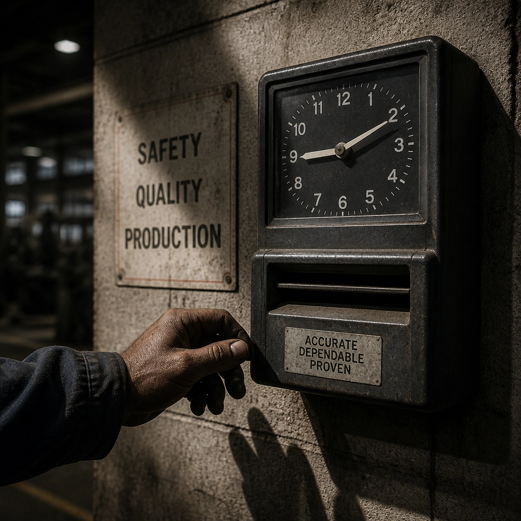 Close-up of a time clock on a factory wall with long shadows, representing the empty slots in a shift schedule.