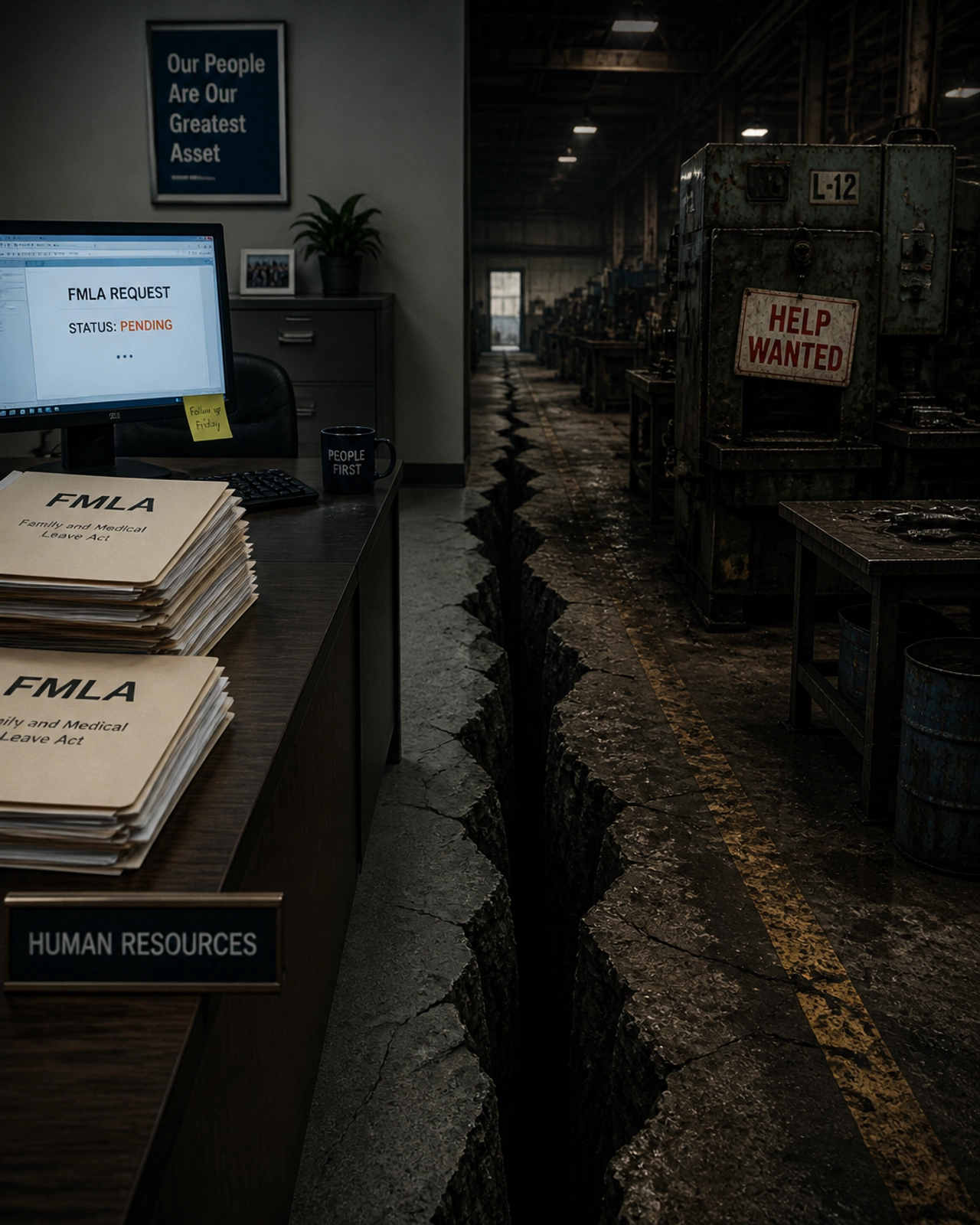 A conceptual image showing the divide between a clean HR office desk with paperwork and a gritty manufacturing floor with idle machinery.