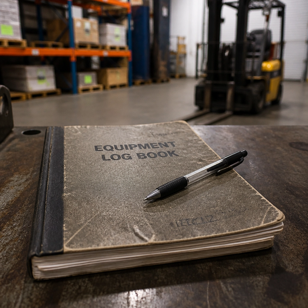 A manual industrial logbook on a workbench, symbolizing disconnected safety tracking
