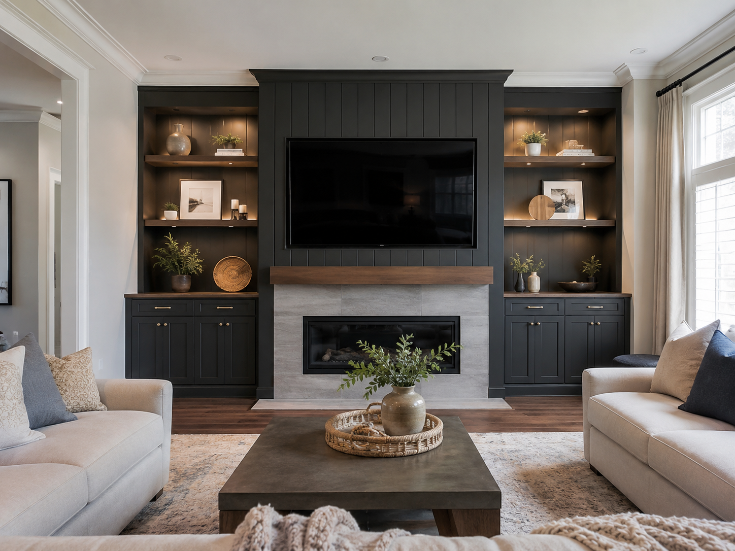 Charcoal entertainment wall with built-in cabinets, illuminated shelving, a mounted television, wood mantel, and gray tile fireplace surround in Fort Mill, SC