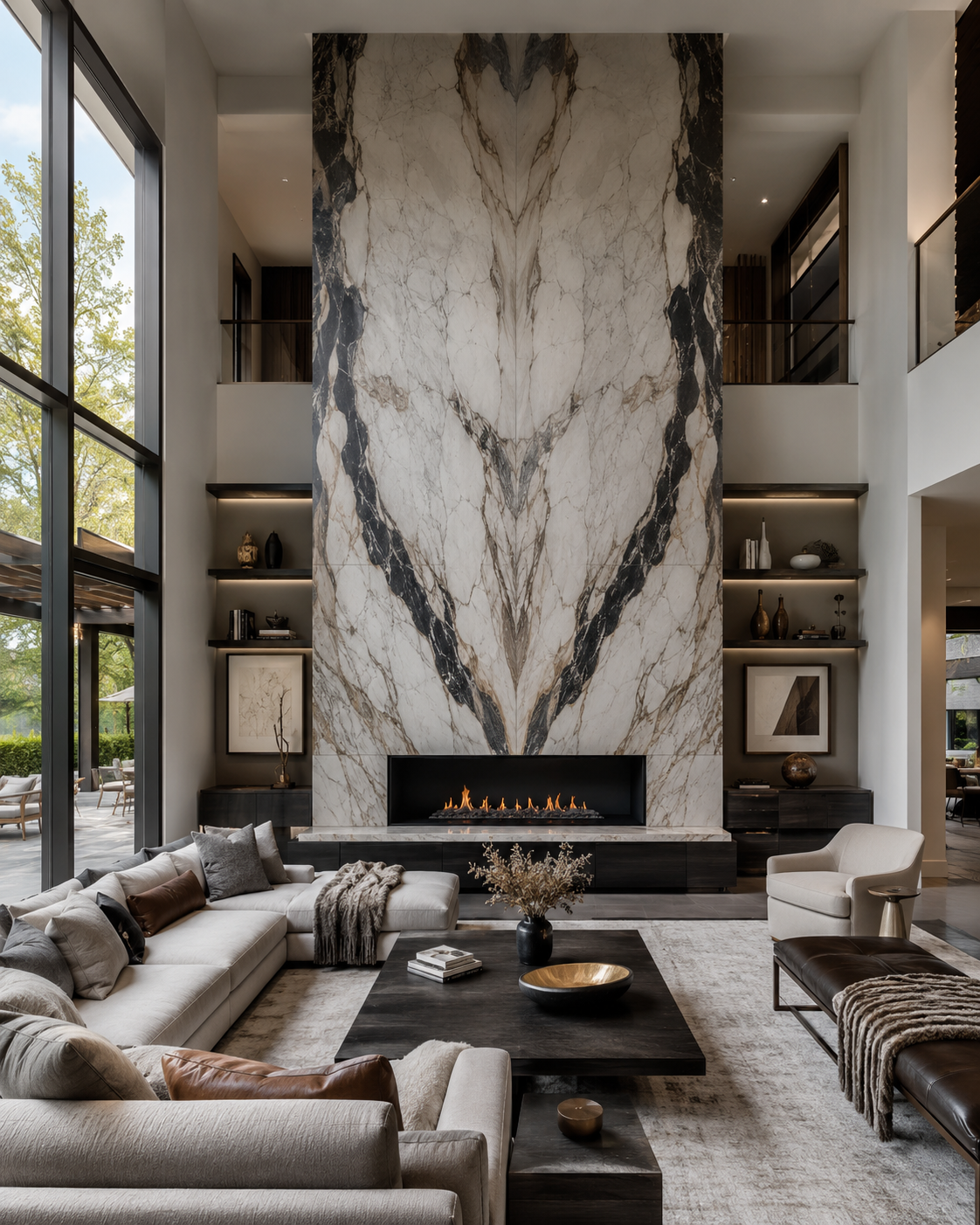 Double-height fireplace feature wall clad in dramatic bookmatched white stone-look slabs with dark veining and a linear fireplace in Charlotte, NC off of Trade Street.