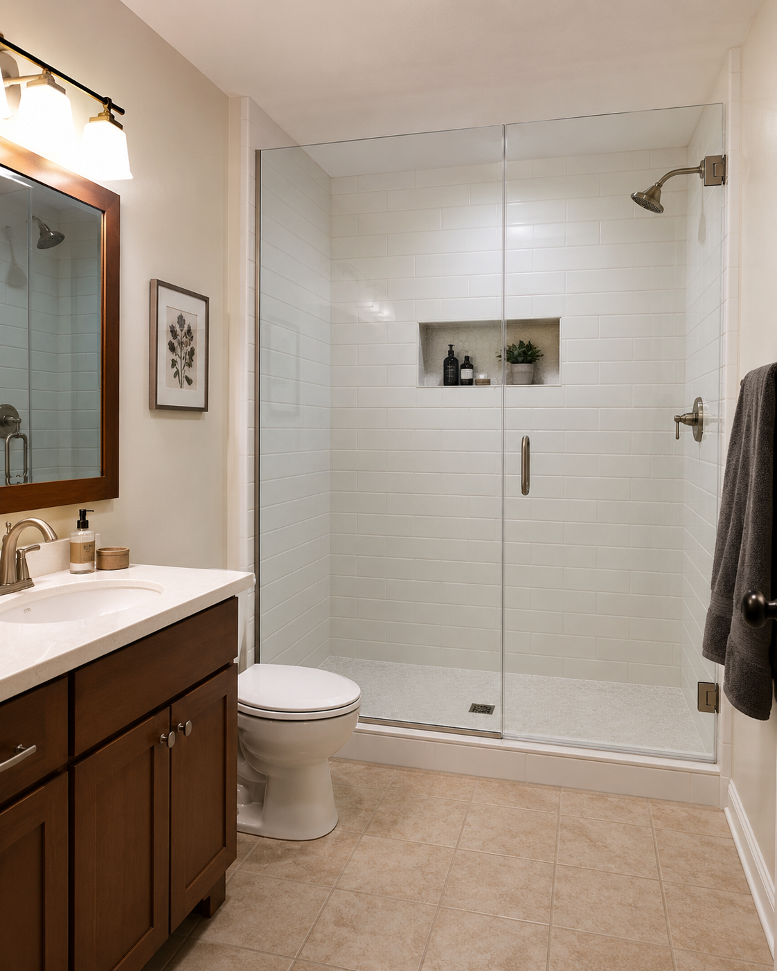 Frameless glass shower with white subway wall tile, a hexagon mosaic niche, and a white mosaic shower floor in Matthews, NC.