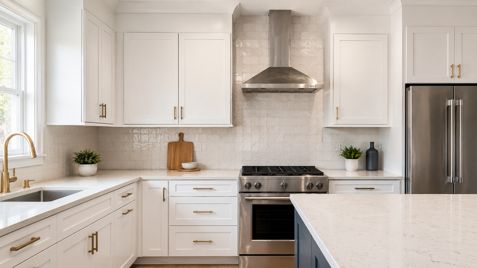 White kitchen with a glossy handmade-look square tile backsplash, brass hardware, and stainless steel appliances in Concord, NC.