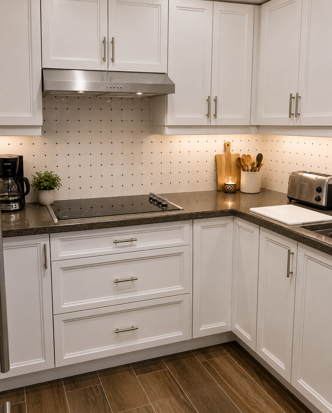 White square tile kitchen backsplash with small black diamond accents beneath white cabinets and a stainless steel range hood in Charlotte, NC.