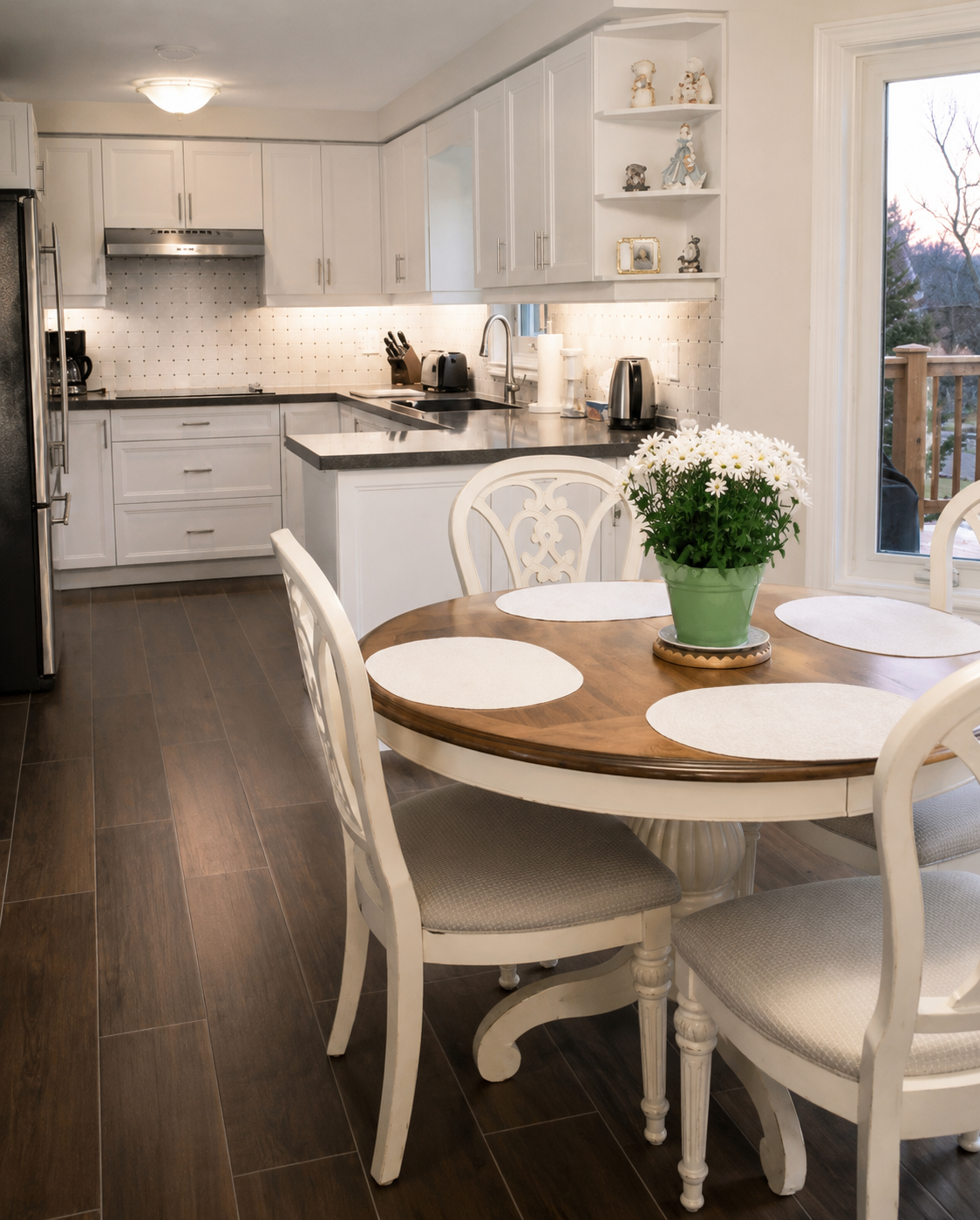 Wide view of a white kitchen with a square tile backsplash, small black accent inserts, dark countertops, and wood-look flooring in Charlotte, NC