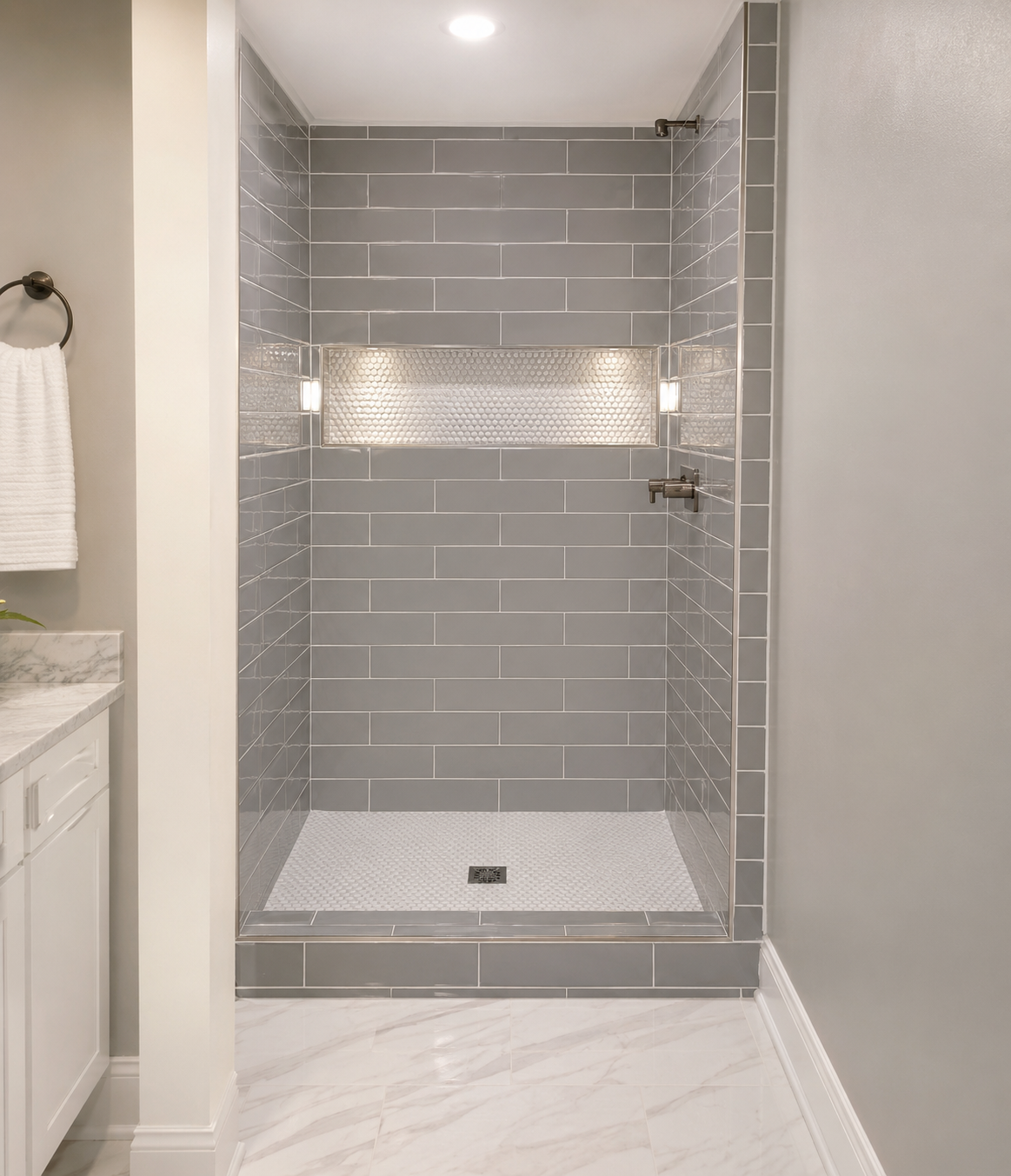 Gray subway tile shower with a wide illuminated mosaic niche, white mosaic floor, and frameless glass panel n Kannapolis, NC
