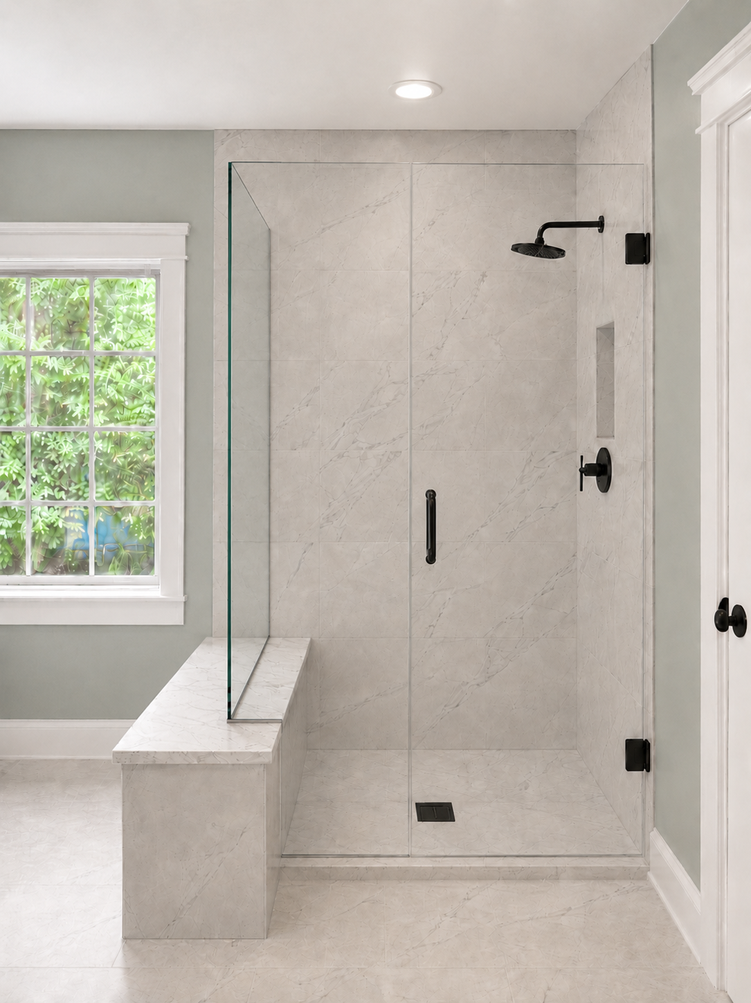 Frameless glass shower finished with large-format white marble-look tile, an integrated bench, niche, and matte black fixtures in Mint Hill, NC.
