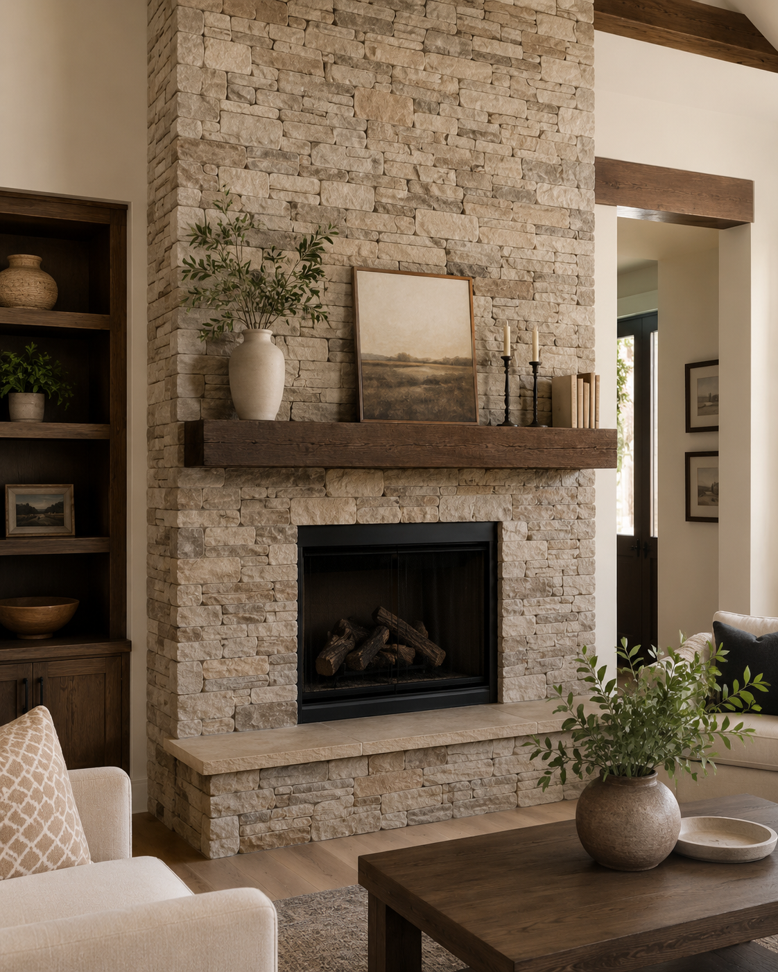 Floor-to-ceiling light ledgestone fireplace with a dark wood mantel, raised stone hearth, and adjacent built-in shelving in Cornelius, NC